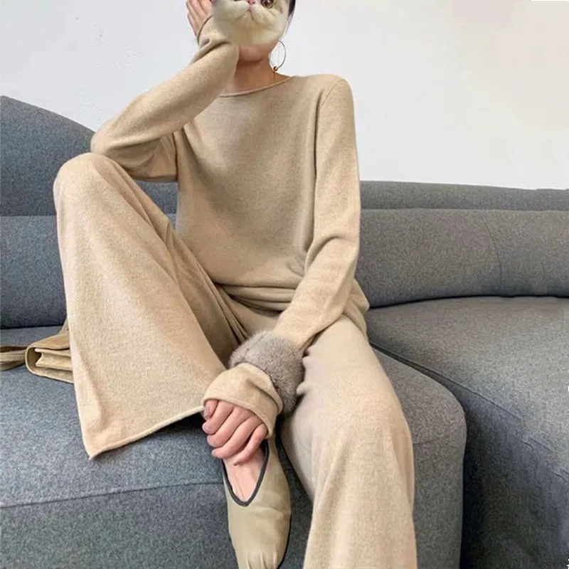 

Autumn New Vintage Casual Slash Neck Loose Long Sleeve Solid Color Sweater + High Waist Knitted Wide Leg Pants Two-Piece Set