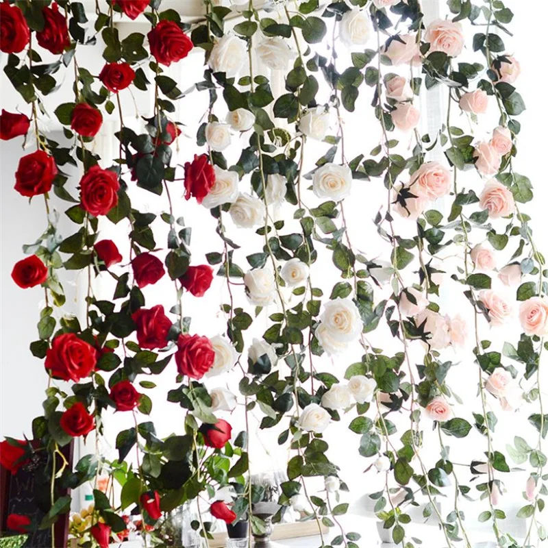 

6pcs Rose Artificial Flower Vine Fake Rose Flowers Garland Wedding Decoration Hanging Home Decor flores artificial 1.8M