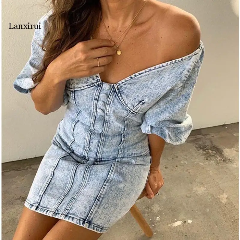 Модное женское джинсовое платье с пышными рукавами v образным вырезом и