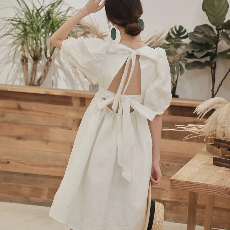 

2021 French White Mini Dress Square Collar Vintage Loose Crop Dress For Ladies Elegant Puff Short Sleeve Sweet Vestidos Mujer