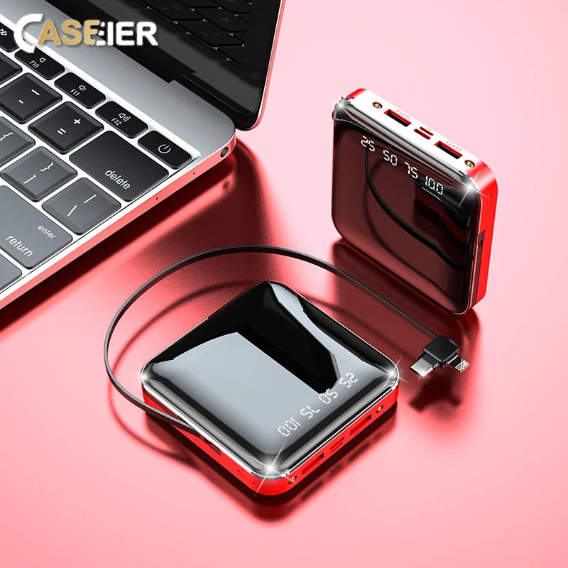 CASEIER Power Bank 10000 мАч для iPhone портативное зарядное устройство с кабелем LED зеркало