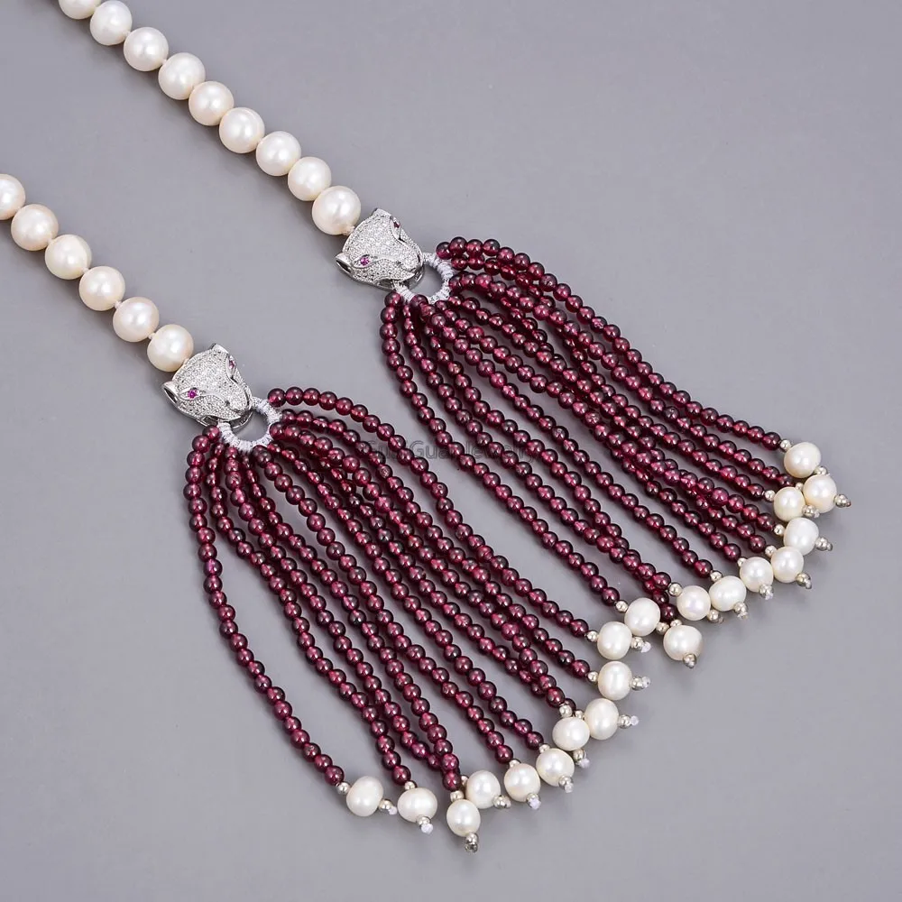 

GG Jewelry 41'' 8mm White Pearl Natural Garnet Pendant Necklace