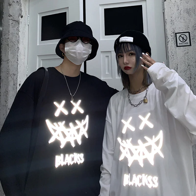 

Couple's Long Sleeve T-shirt Women's Autumn 2021 New Design Loose Reflective Cartoon Print Gothic Punk Clothes