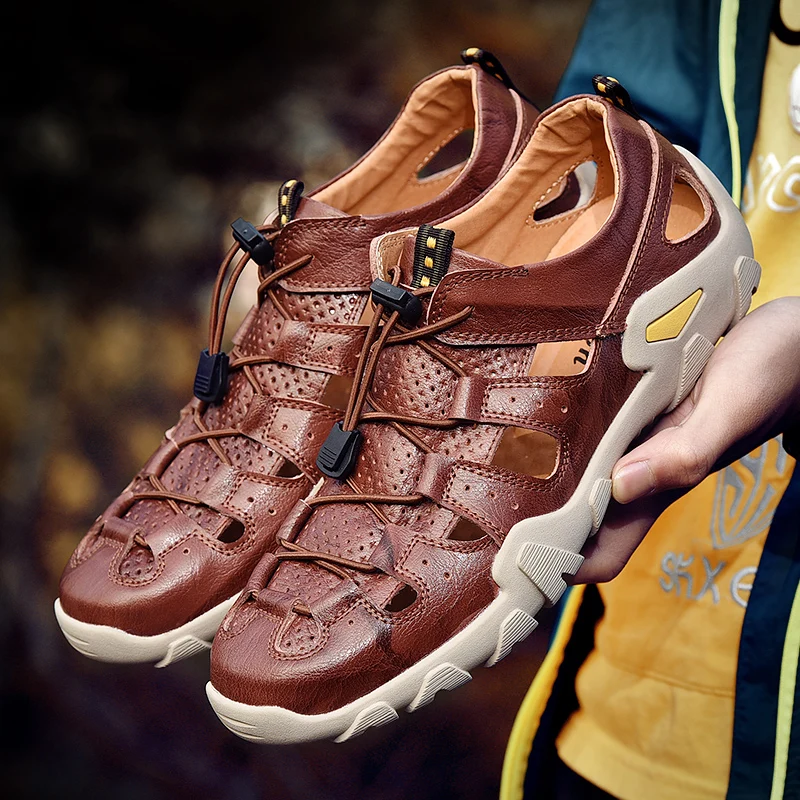 

Сандалии мужские из натуральной кожи, деловая повседневная обувь, дышащие дизайнерские уличные пляжные босоножки, римские кроссовки для во...