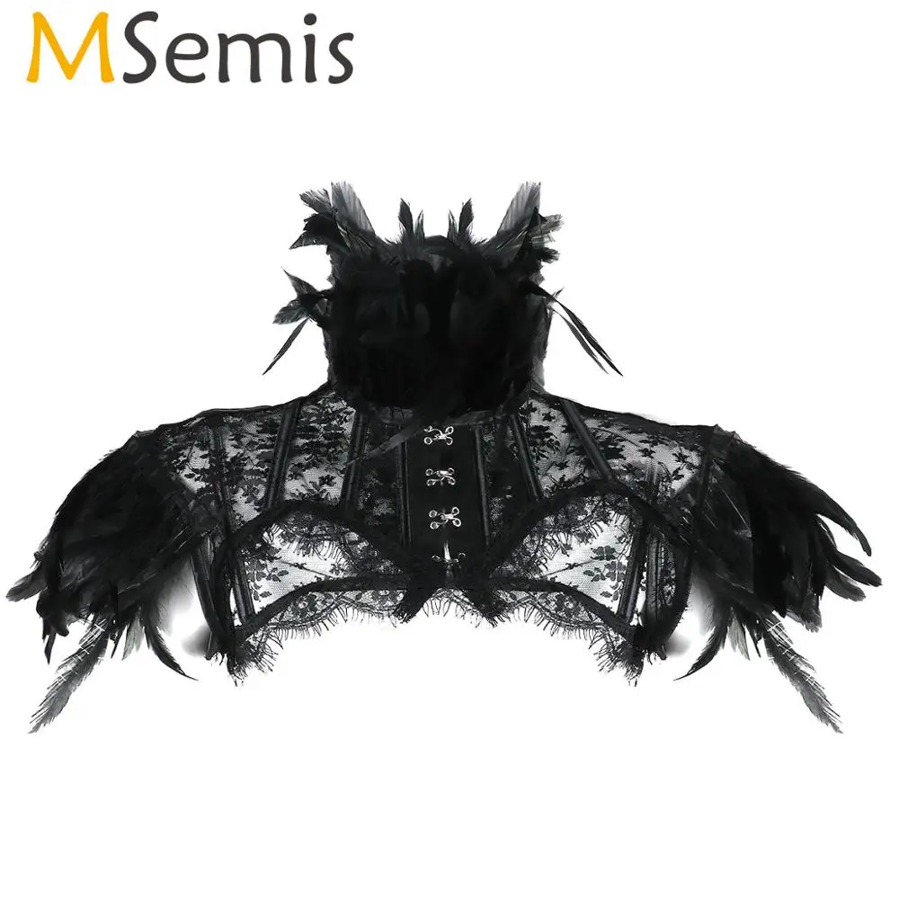 MSemis Women Retro Vintage Punk Gothic Feather Collar Shoulder Lace Cape Bolero Jacket Shrug Tops Halloween Party Rave Costumes