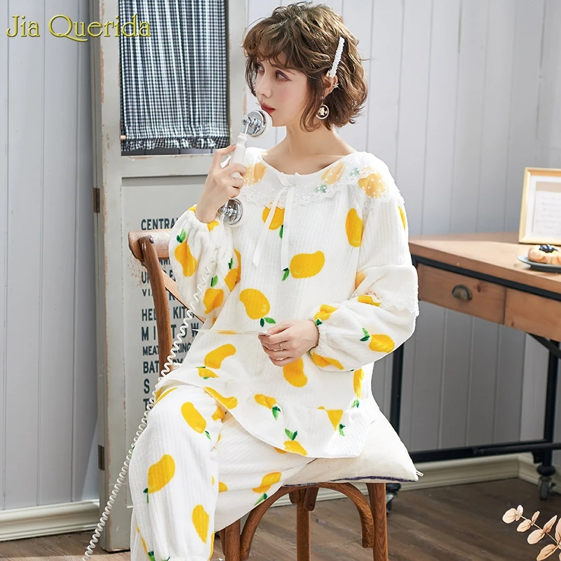 Женские Фланелевые пижамы с рукавами-фонариками и бантом на воротнике принтом