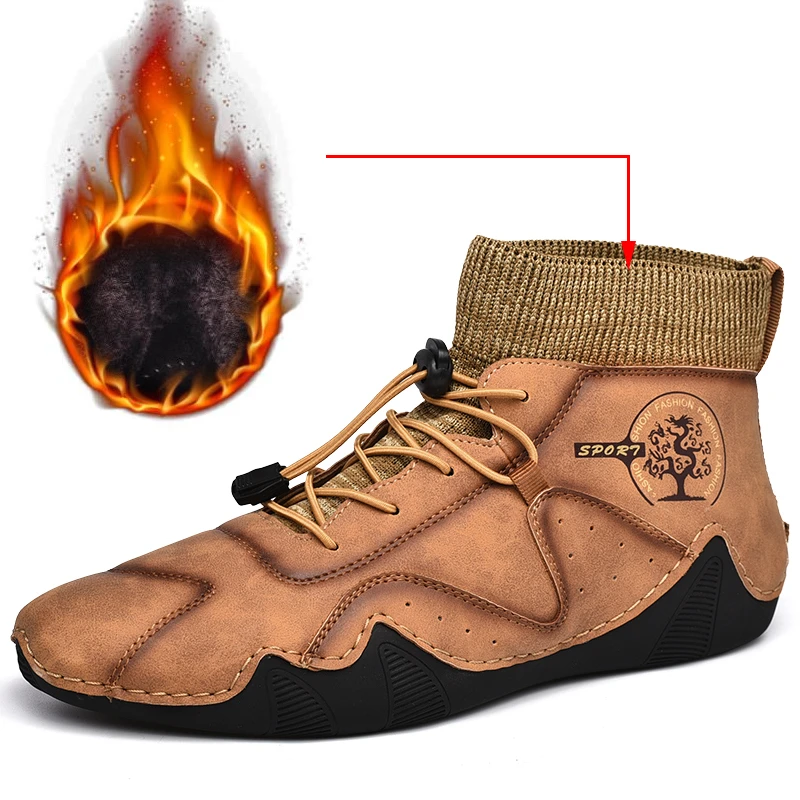 

Men Cotton Loafers Soft Genuine Leather Boots Outdoor Waterproof Anti Slip Mens Shoes Plus Size 46