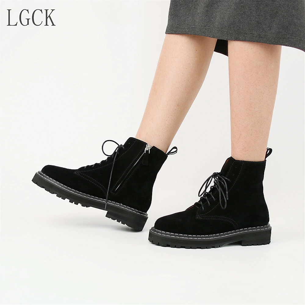 

Plus Size 34-43 Genuine Leather Women Shoes Fashion Ankle Boots Classic Heels Suede Autumn Winter Flat Booties Front Lace-Up New