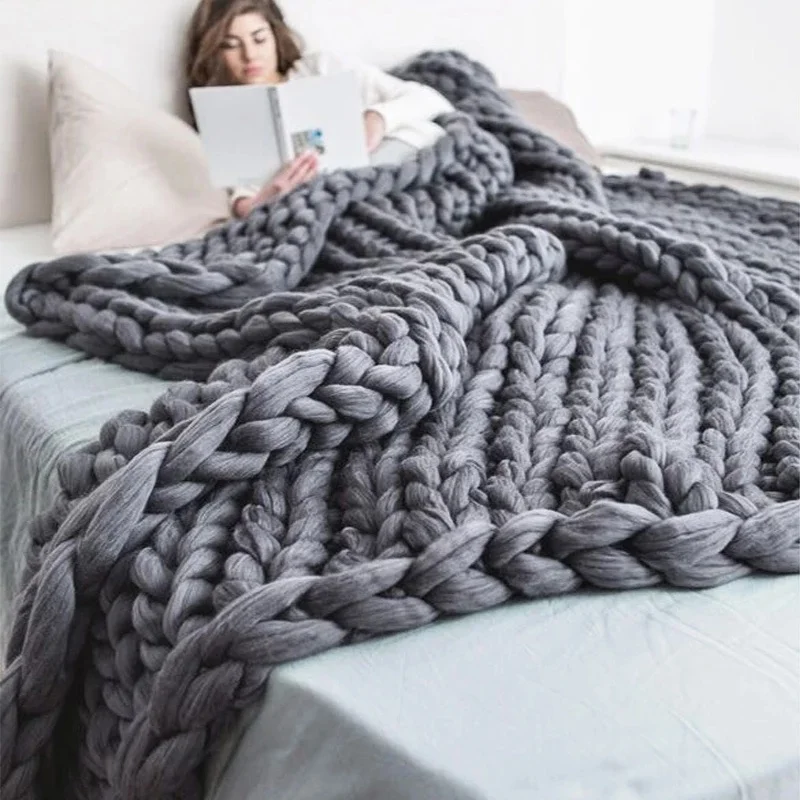 

Hand Knitted Chunky Blanket Thick Yarn Weighted Wool Bulky Knitting Throw Blanket Warm Winter Home Sofa Bed Throws Blankets