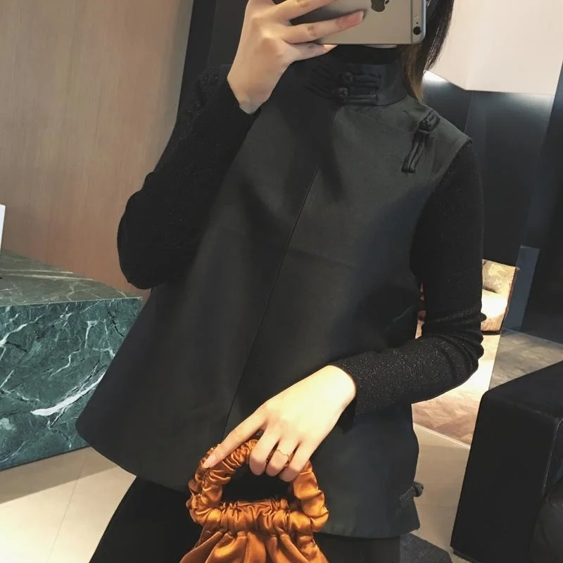 

Chinese Style Black Cotton Short Vest Jacket Women Ethnic Harajuku Vintage Sleeveless Waistcoat Top Autumn Winter New Gilet Coat