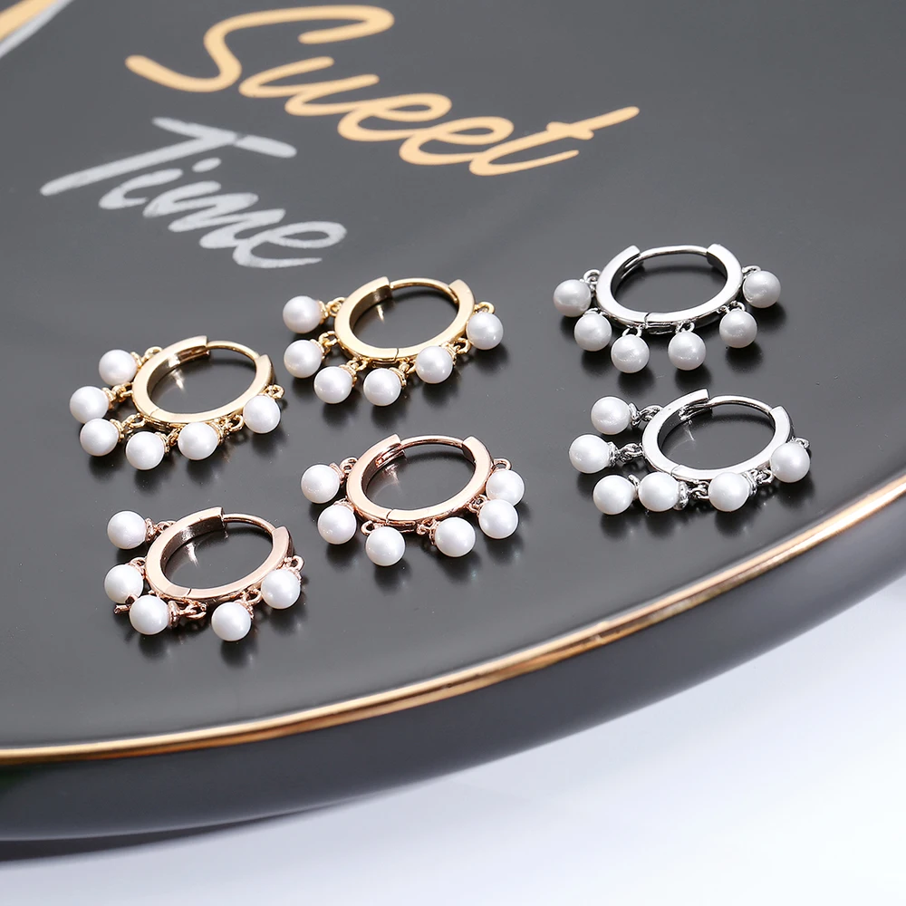 Серьги кольца с несколькими бусинами и жемчугом для женщин круглые золотые