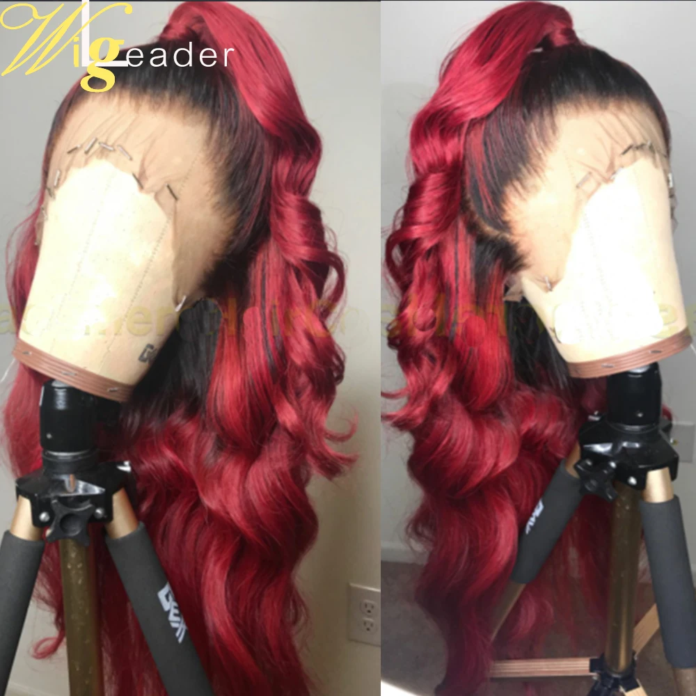 Wigleader Ombre 1b/красный Remy человеческие волосы кружевные передние парики preplecked