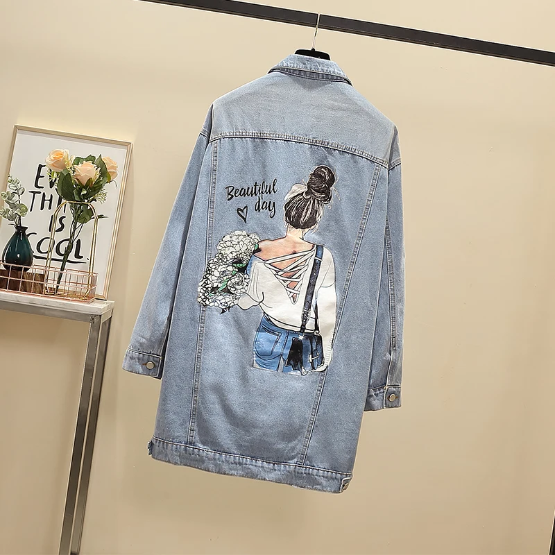 

Fat Sister Cartoon Printed Long Jean Windshirt Coat