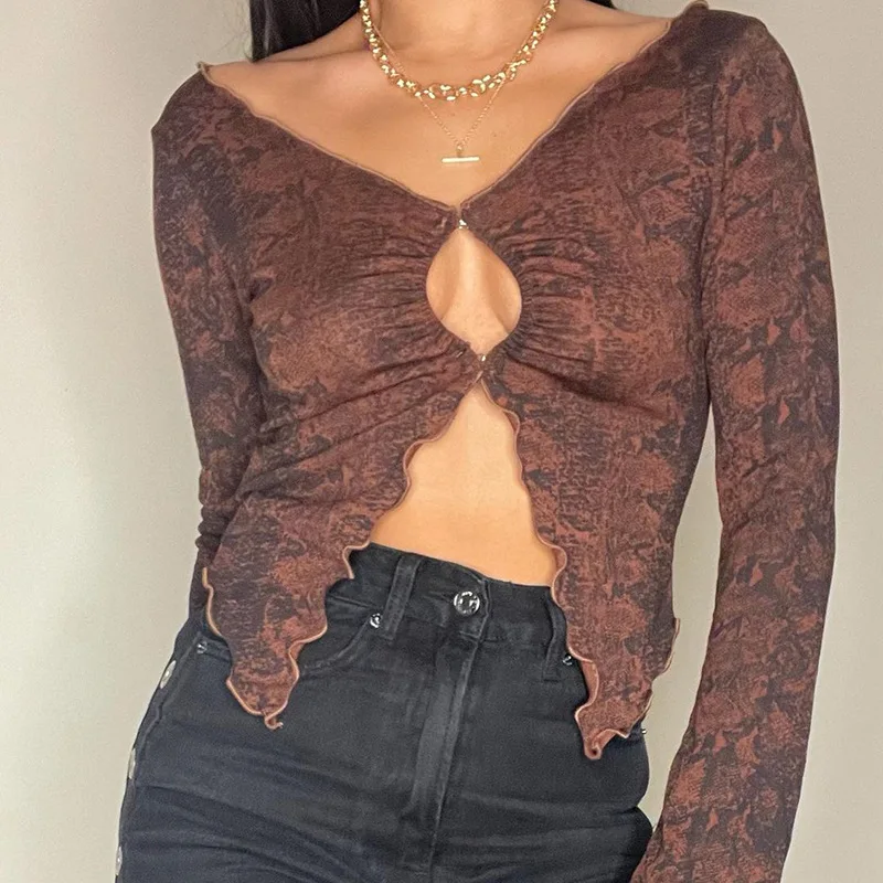 

90s Aesthetics Ruffles Button Brown T-shirts Y2K V-neck Flare Sleeve Ruched Slit Crop Tops Sexy Tee Vintage