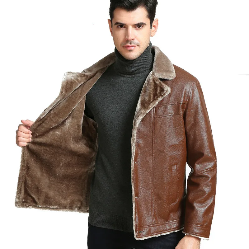 Мужская пушистая куртка из искусственной кожи толстая коричневая плюшевая