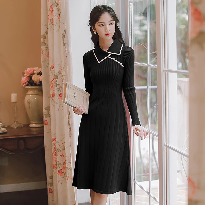 

Vintage Knitt Dress Women A-line Long Sleeve Elastic Sweater Dress Elegant 2021 New Arrival Autumn Winter Bottom Vestidos