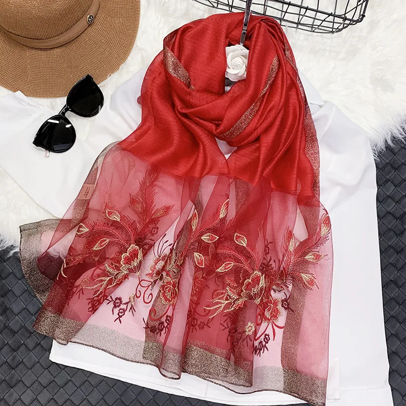 

Lady Floral Embroidery Silk Wool Scarf Women Hijab Female Foulard Pashmina Beach Stoles Shawl Wrap Headbands Scarves Bandana