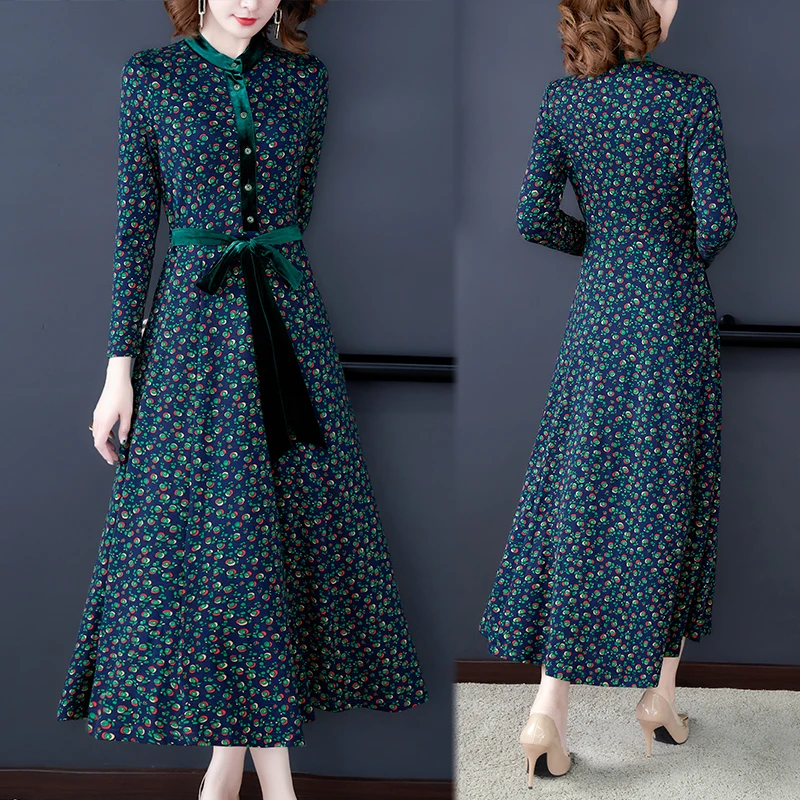 

Lesavir Plus Size 2021 Spring Temperament Floral Dress Women's Velvet Stitching Knitting Printing Large Swing Elegant Long Dress