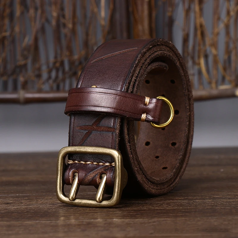 Luxury Thick Cowhide Genuine Leather Men Belt Double Needle Buckle Belt Ceinture Leather Belt Men Designer Vintage Belt For Jean