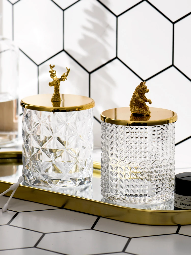 

Nordic Home Decor Desktop Organizer Glass Jewelry Box Cotton Swab Holder Cosmetic Organizer Storage Canister Jar With Gold Lid