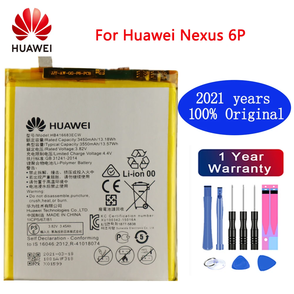 Huawei 100% Оригинальная батарея HB416683ECW 3450mAh Для Nexus 6P H1511 H1512 оригинальная запасная с