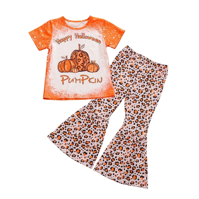 

Autumn Girl’s T-shirt and Trousers Suit Fashion Pumpkin Short Sleeve Tops and Leopard Trumpet Long Pants