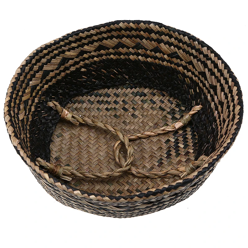 

Handmade Woven Storage Basket with Black Grid Seagrass Wicker Garden Flower Plant Pot Laundry Container Toy Storage Holder