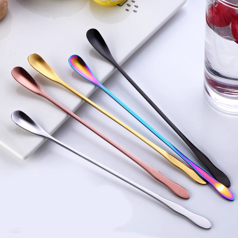 

2019 New Round head Colorful Spoon Stainless Steel Long Handle Ice Spoon Coffee Drinking Tools Stirring Spoon Tableware Creative