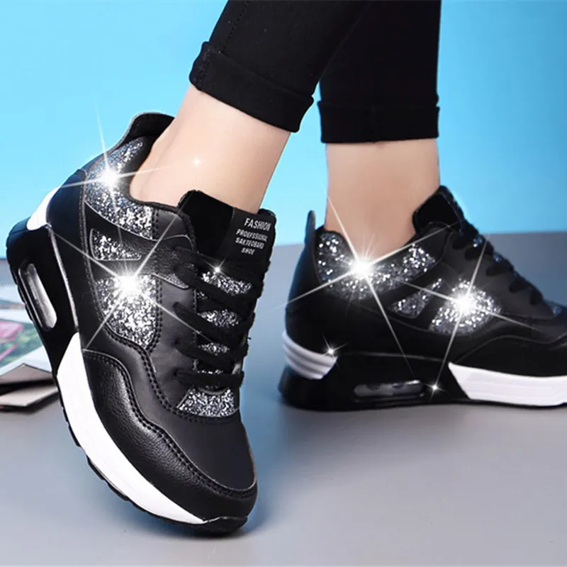 Bling Platform Wedge Sneakers Leather Casual Shoes for Women Black White Sneakers Lace-up Chunky Shoes Women Sport Sneakers