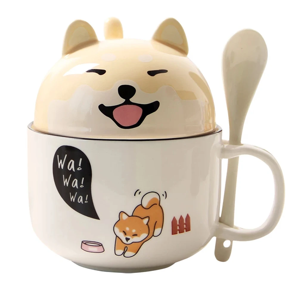 

350ml Kawaii Shiba Inu Mug Cute Cartoon Ceramics Mug With Lid and Spoon Coffee Milk Tea Mugs Breakfast Cups Drinkware Gifts