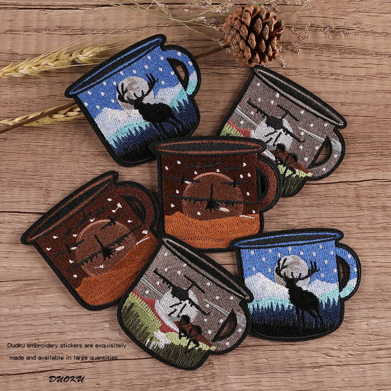 

Viewing coffee cup Heat transfer Patches For Clothing Appliqued Art Landscape Mountain Deer Painting DIY Accessories
