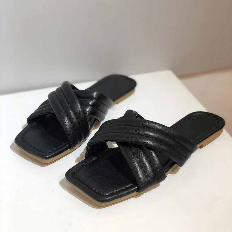 

2021 Summer Women Cross Slippers Square Peep Toe Outdoor Slides Casual Beach Female Ladies Flat Shoes Size 36-42