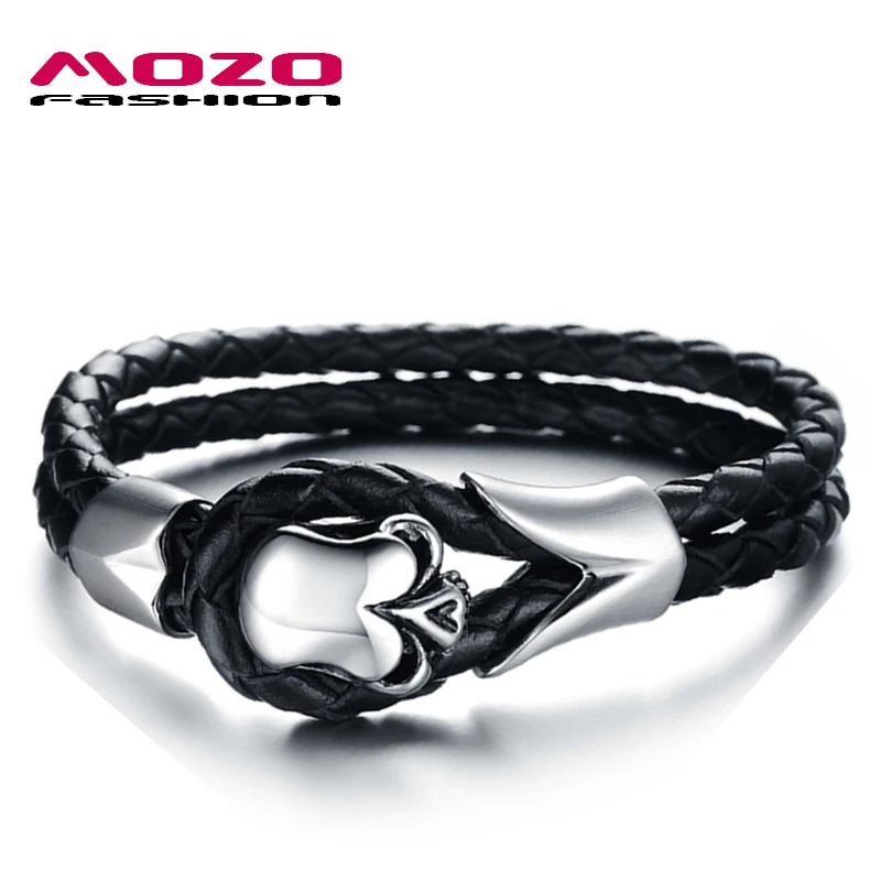 

Fashion Bangle Men Skeleton Black Double Layer Leather Rope Chain Bracelets Stainless Steel Punk Skull Jewelry PS1017