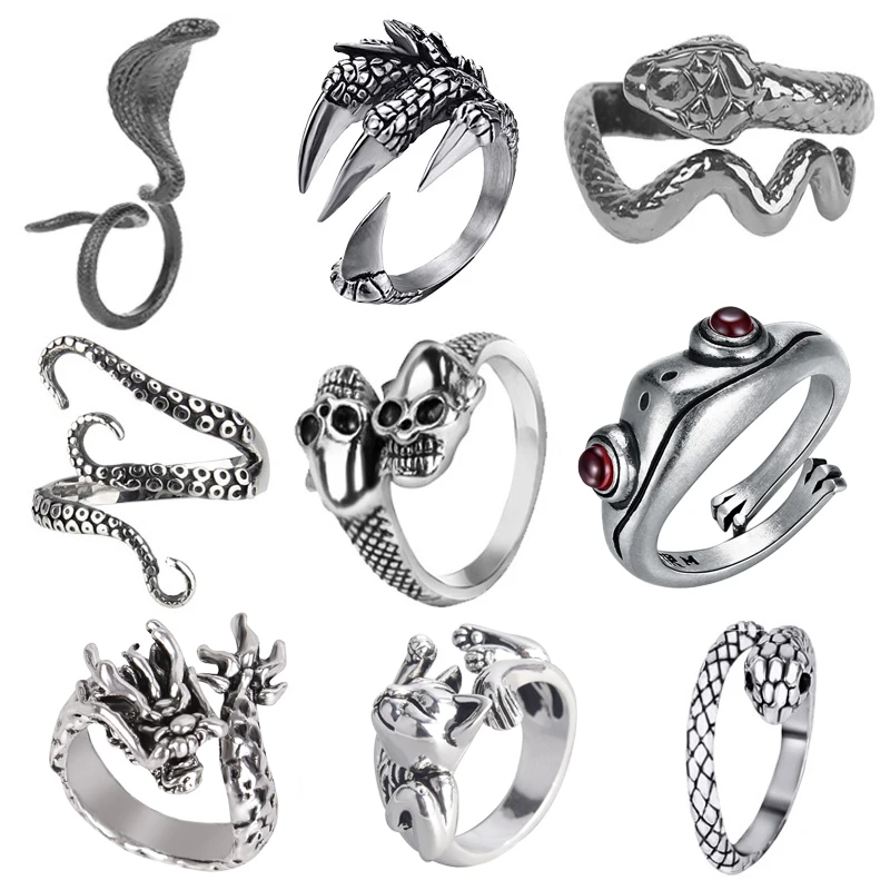 

Retro Punk Snake Dragon Ring for Men Women Exaggerated Antique Siver Color Opening Adjustable Rings Anillo Hombre Bijoux