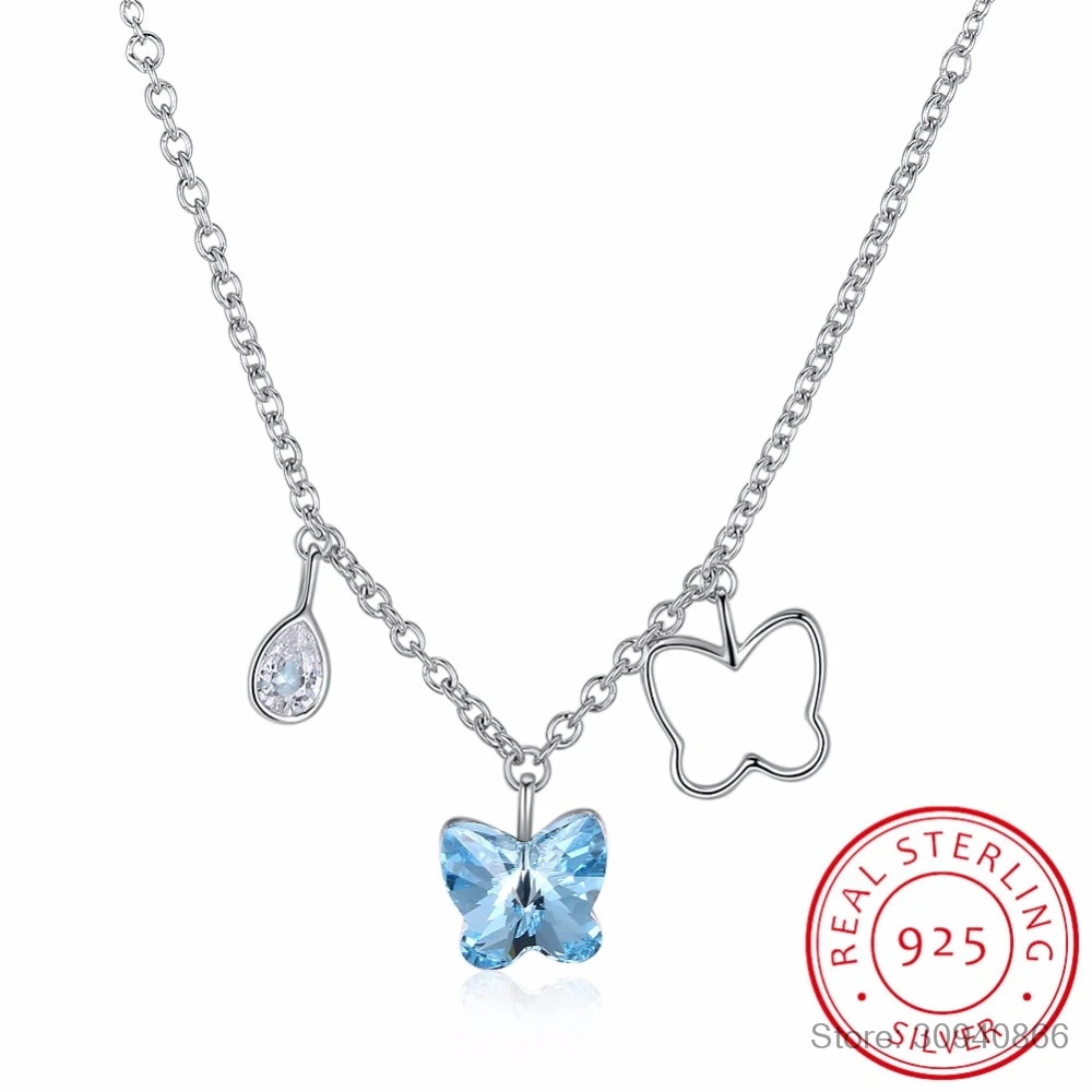 

Женское Ожерелье с кристаллами, серебро 925 пробы, ювелирные изделия, голубая фиолетовая бабочка, австрийские стразы, Новинка