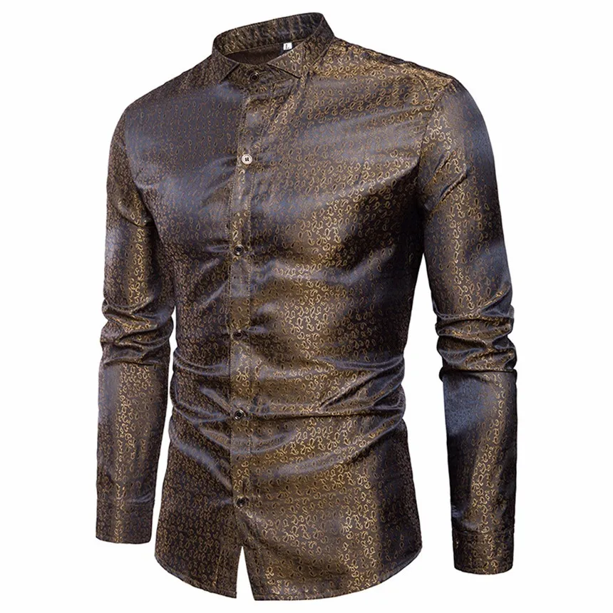 KLV Мужская рубашка Slim Fit с длинным рукавом Повседневные рубашки на пуговицах формальный Топ Блузка футболки золотого цвета вечерние певицы сценические рубашки