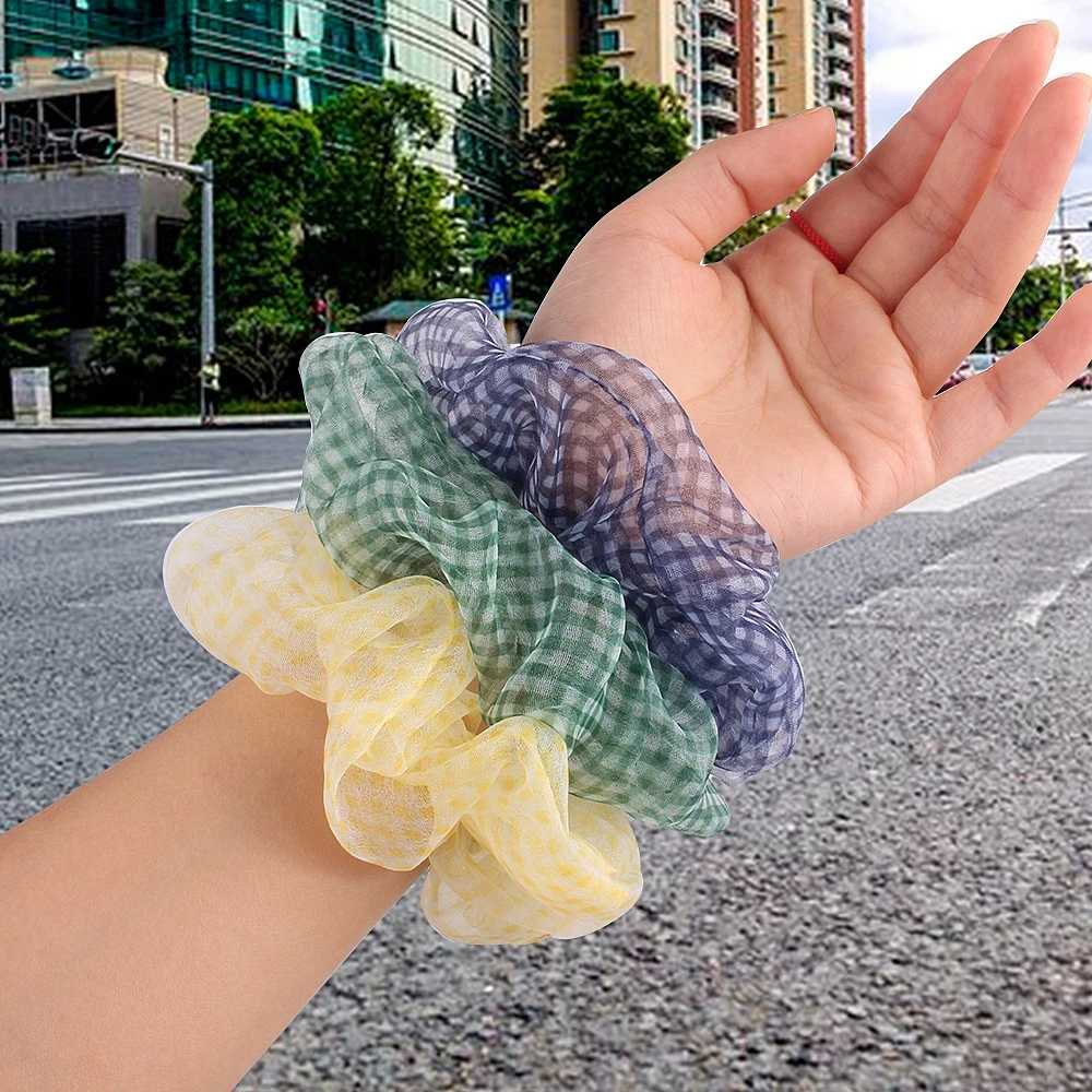 

New Organza Sheer Scrunchies Plaid Print Fashion Elestic Hair Tie For Women Hair ponytail Hold Party Girls Hair Accessories