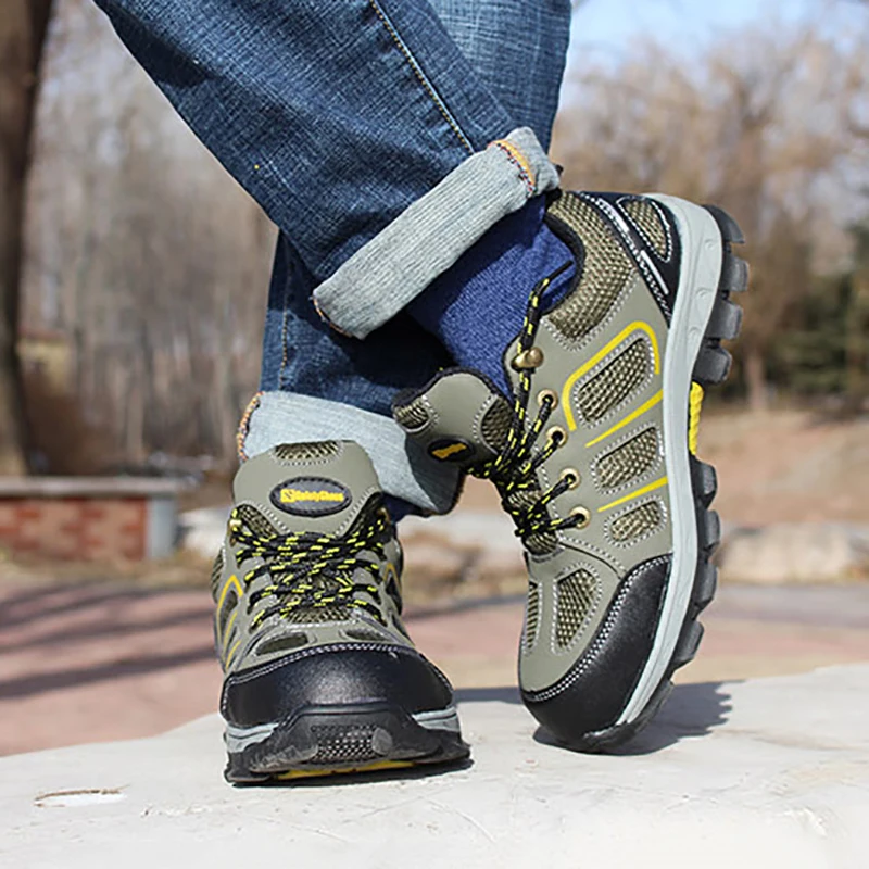 Мужская защитная обувь размера плюс кожаная стальная конструкция уличная