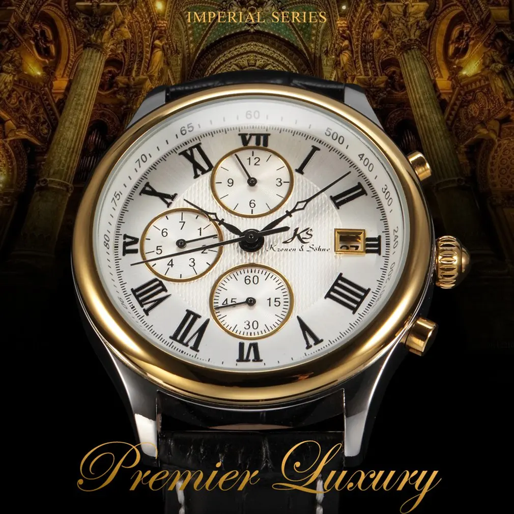 IMPERIAL KS Retro Skeleton 6 Hands Golden Case Luxury Brand Day Month Display Brown Leather Strap Men's Mechanical Watch / KS146