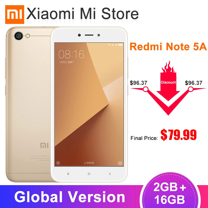 В наличии глобальная версия Xiaomi Redmi Note 5A 2 Гб ОЗУ 16 ПЗУ мобильный телефон Snapdragon 425