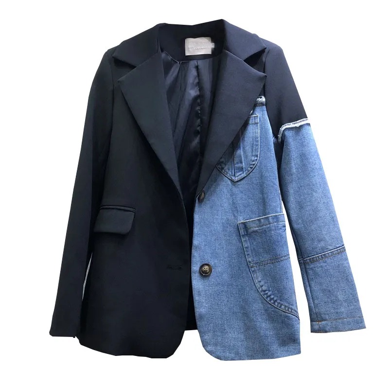 

Suit Coat Women 2020 Spring and Autumn New Korean Fashion Personality Irregular Splicing Jeans Coat Lady Fashion Blazer Outfits