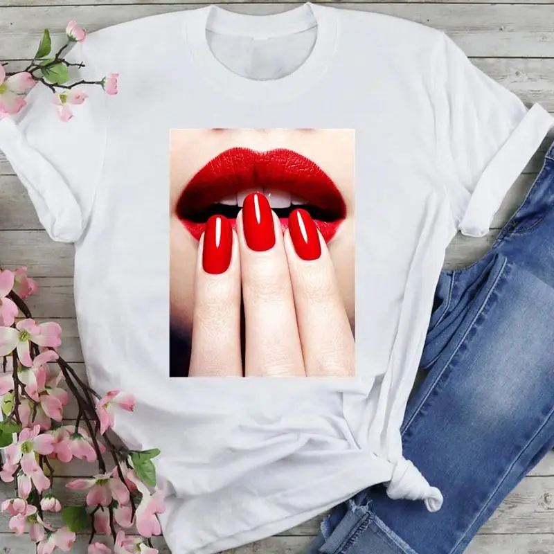 

Women Graphic Nail Art Sexy Short Sleeve Cartoon Fashion Summer Female Clothes Print Short Sleeve Tops Tees Tshirt T-shirt