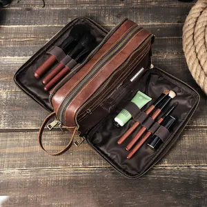 Luufan Genuine Leather Cosmetic Bag Men Women Makeup Portable Wash Shower Case Waterproo Clutch Trav