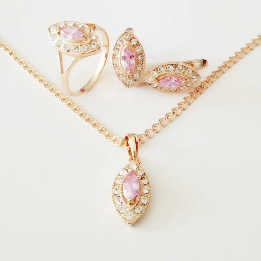 Комплект из колье серёг и кольца цвета розового золота|luxury wedding jewelry set|women necklace and