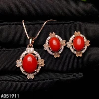 kjjeaxcmy fine jewelry natural red coral 925 sterling silver women pendant necklace chain earrings set support test luxury