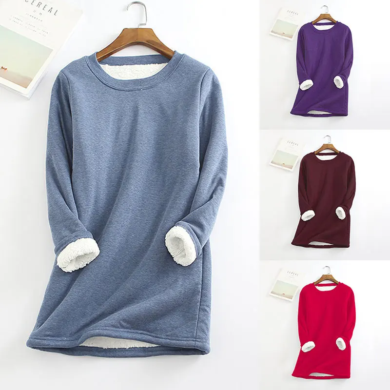 Fleece Bottoming Shirt Women Thick Fleece Sweatshirt Winter Velvet Warm O-Neck Top Keep Warm Chemise Thermal Underwear Top