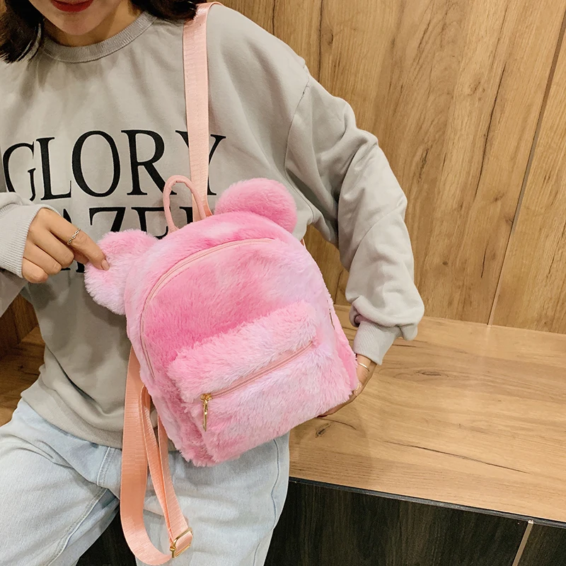 Mini Backpack For Girls Cute 2022 New Bear Ears Plush Women Backpack Korean Fashion Faux Fur Shoulders Bag Furry Ladies Bagpack