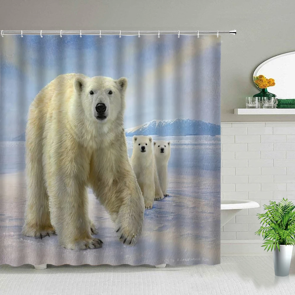 

Wild Animals Bear Shower Curtains Nature Forest Landscape Winter Snow Scenery With Tree Bathroom Curtain With Hook Bath Screens