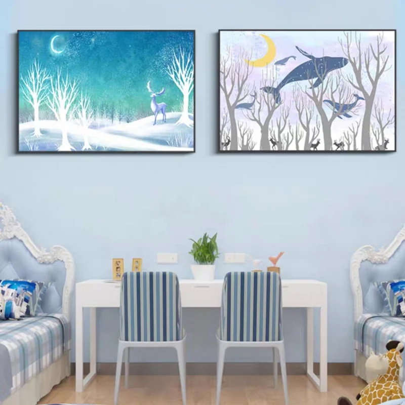

Forset Landscape Cartoon Animals Deer Elk Whale Silhouette Canvas Painting Wall Picture Print Poster Children Room Decoration