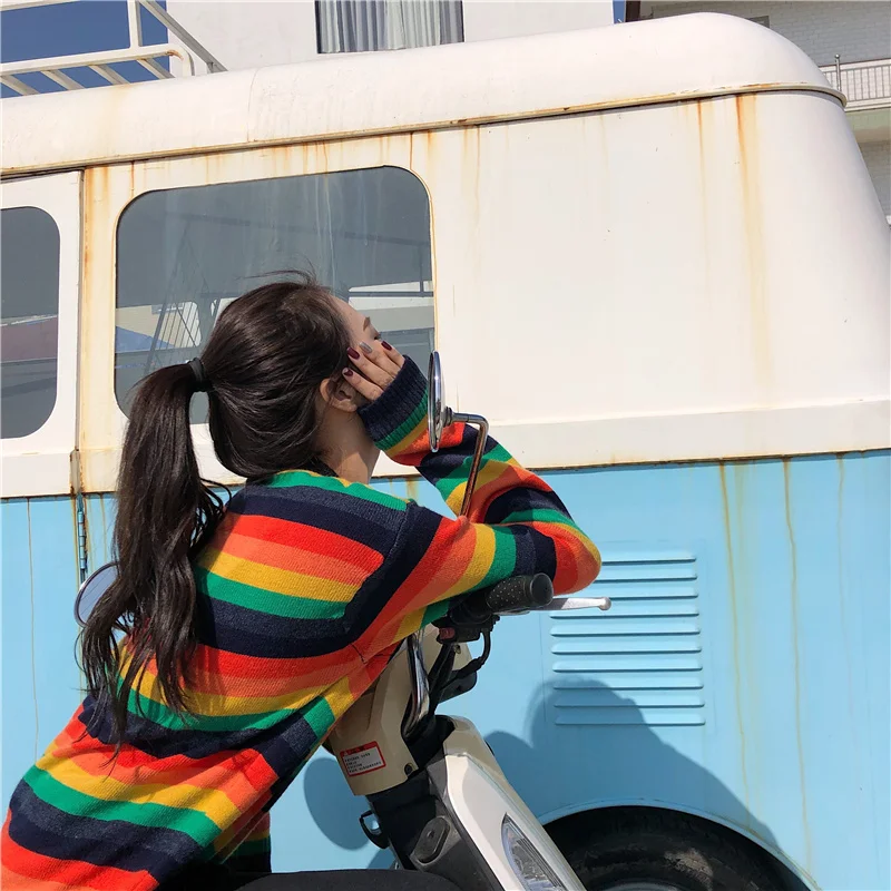 Женский вязаный свитер в полоску Свободный Полосатый с круглым вырезом и